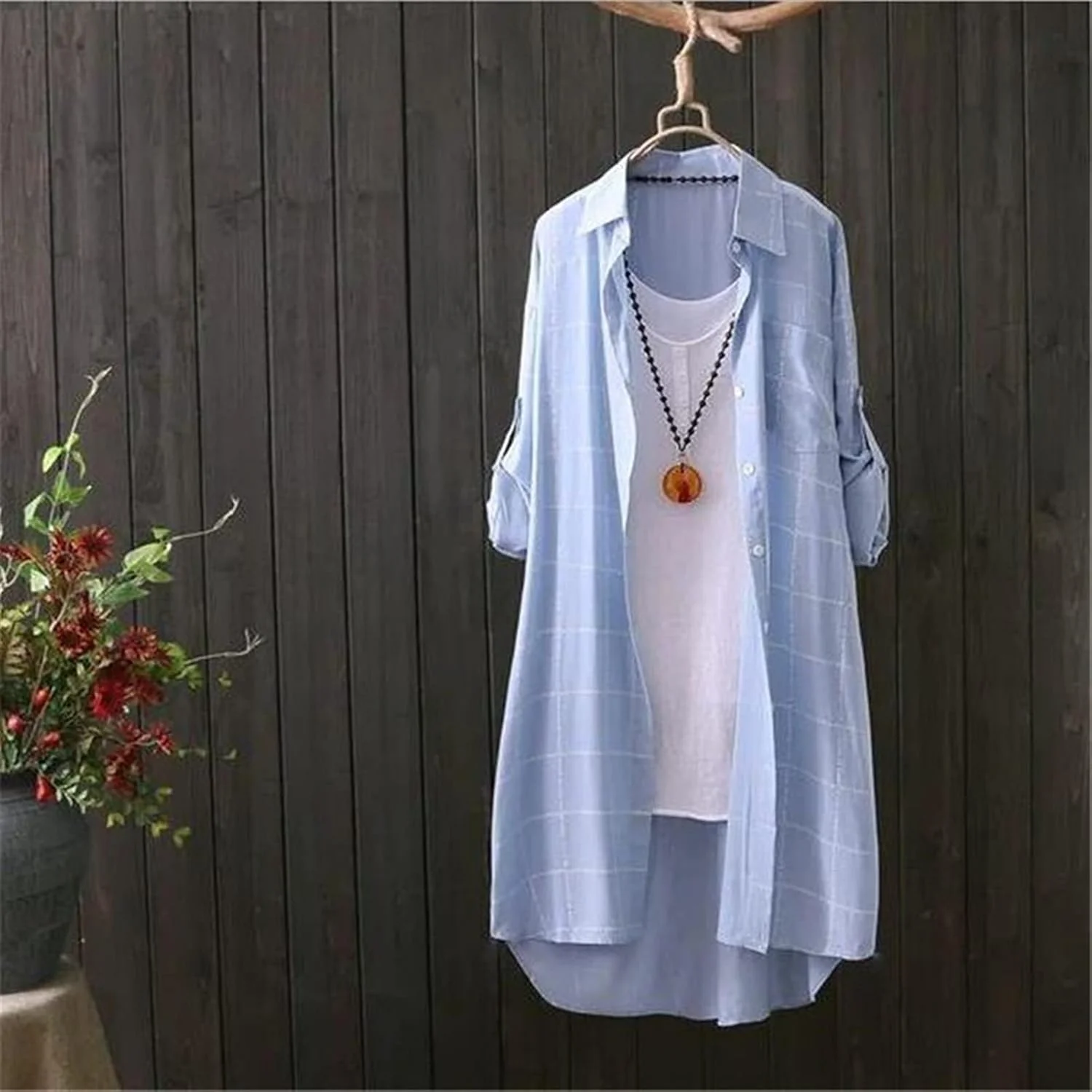 بلوز چهارخانه بلند سایز بزرگ، بهاره 2020، دکمه دار، تاپ کتان زنانه، آستین بلند غیر رسمی مناسب بانوان برای کار