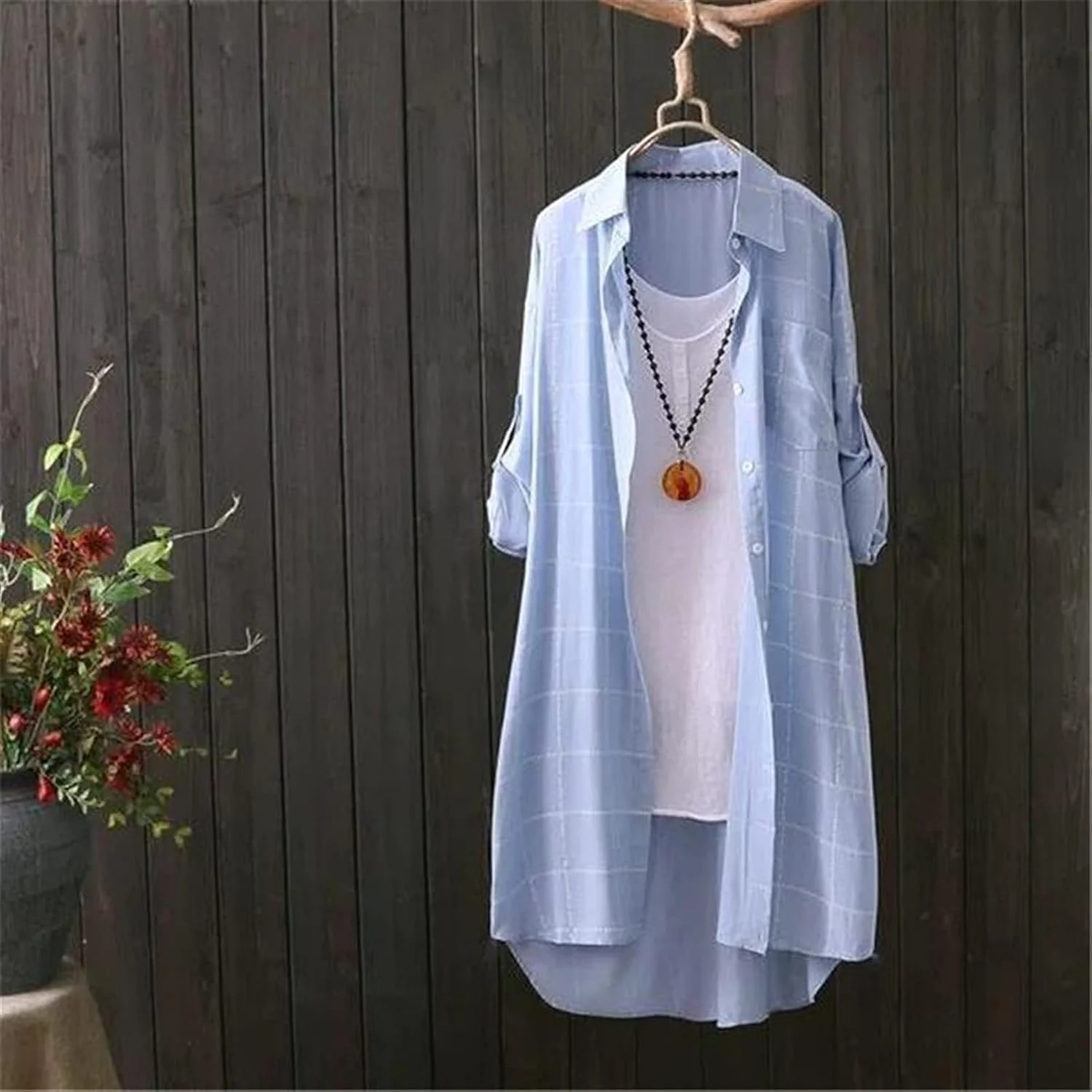 بلوز چهارخانه بلند سایز بزرگ، بهاره 2020، دکمه دار، تاپ کتان زنانه، آستین بلند غیر رسمی مناسب بانوان برای کار