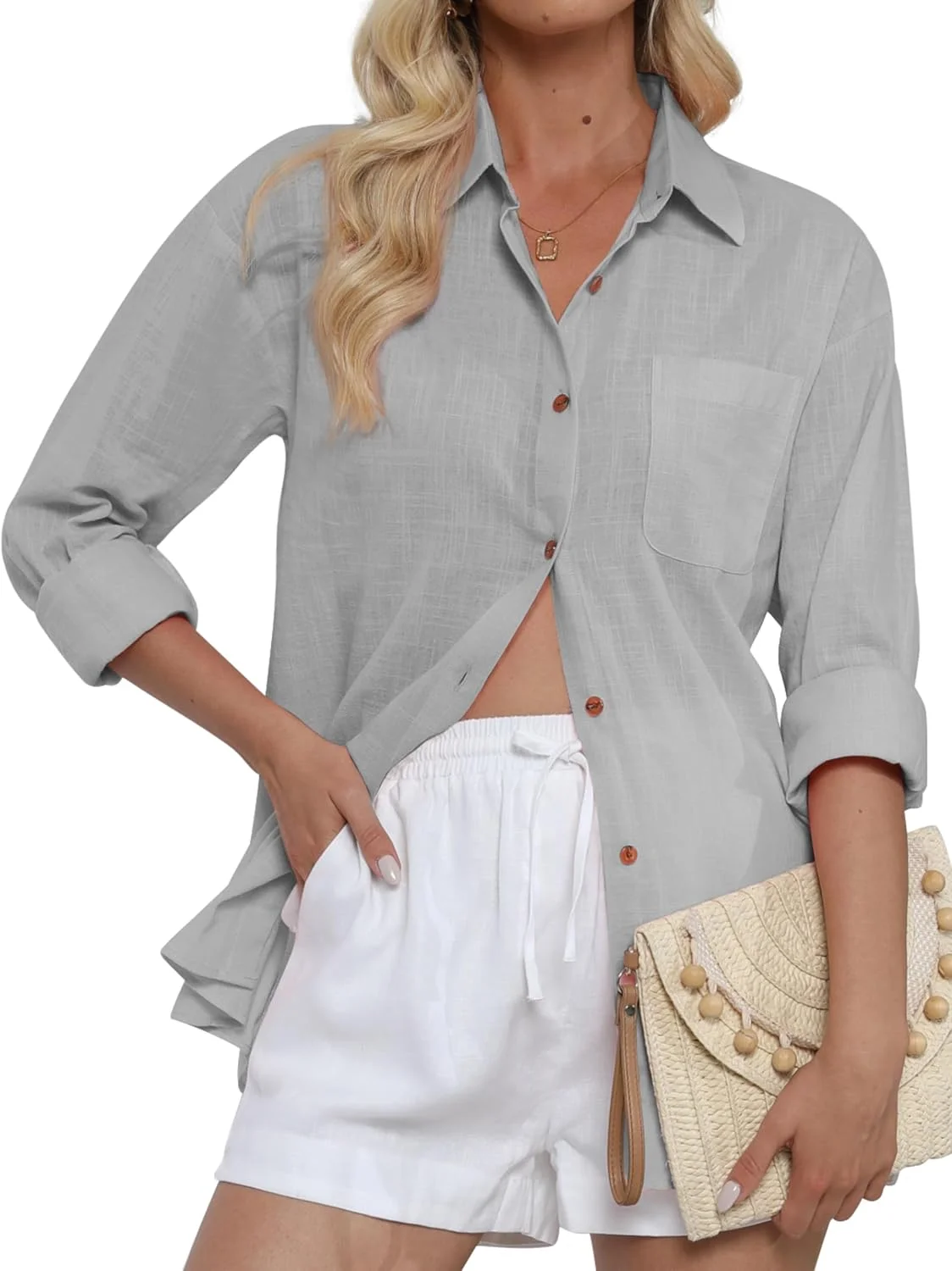 پیراهن دکمه دار زنانه CUNLIN آستین بلند نخی مناسب ساحل و تابستان به همراه جیب