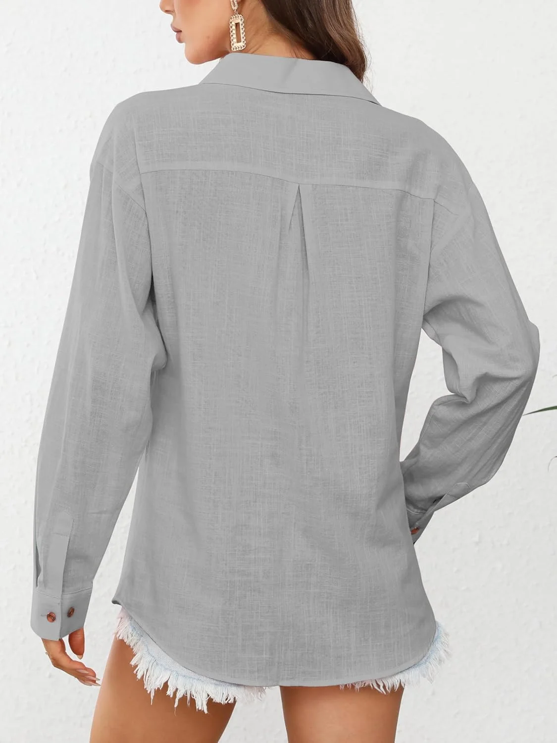 پیراهن دکمه دار زنانه CUNLIN آستین بلند نخی مناسب ساحل و تابستان به همراه جیب