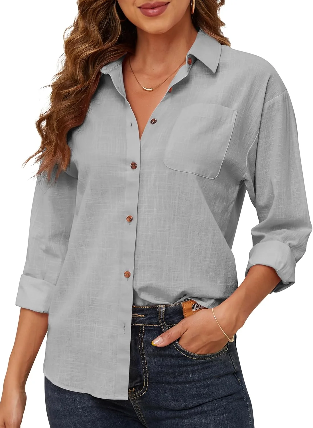 پیراهن دکمه دار زنانه CUNLIN آستین بلند نخی مناسب ساحل و تابستان به همراه جیب