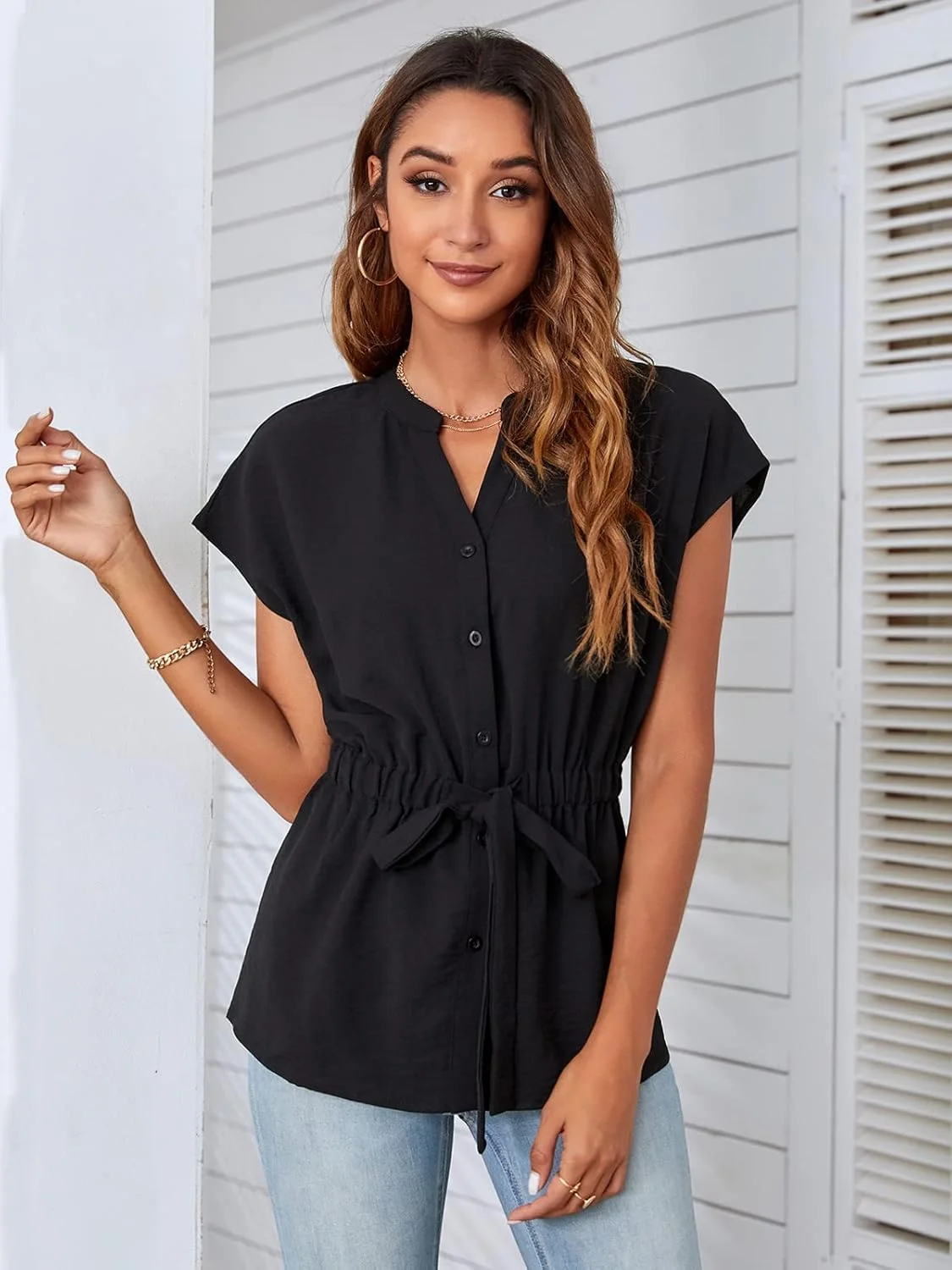 BMJL بلوز تابستانی زنانه، شومیز آستین حلقه ای چین دار، تاپ های غیر رسمی