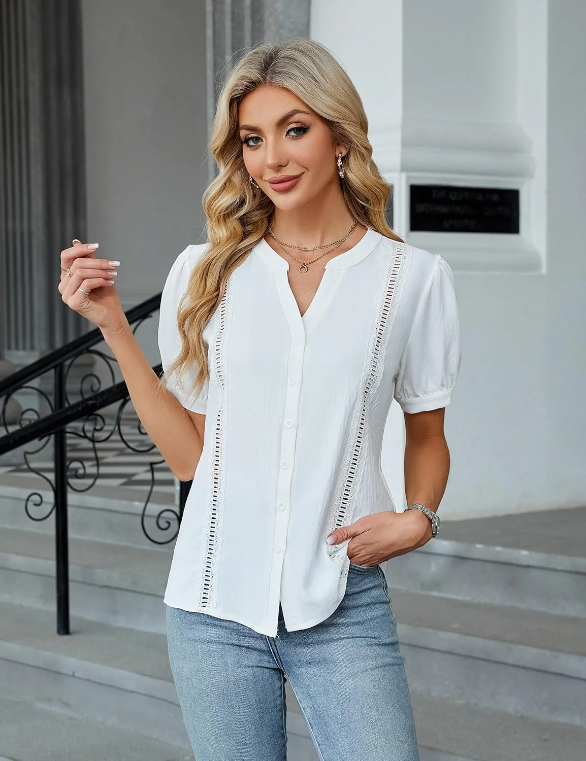 BMJL بلوز زنانه دکمه دار یقه هفت، آستین پفی، مناسب استایل کژوال و محیط کار، مدل 2025