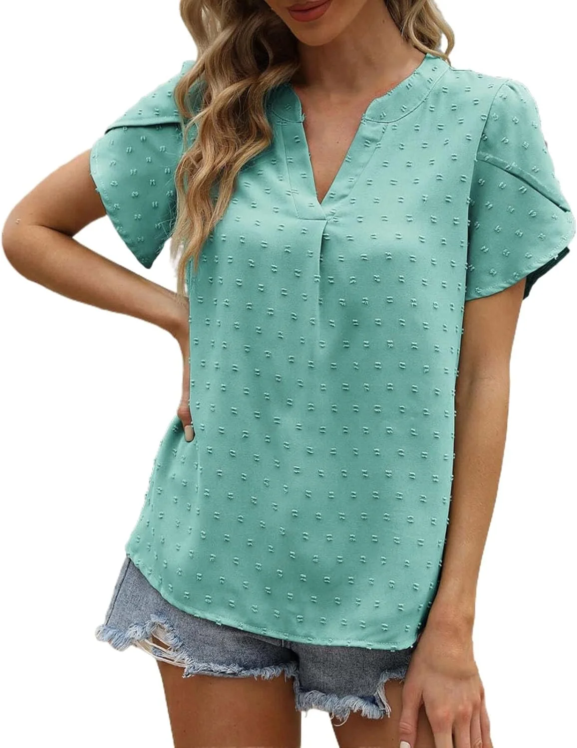 BAJSDCU تاپ های تابستانی زنانه 2024، بلوزهای آستین کوتاه یقه گرد و یقه هفت، شومیزهای پلیسه دار ترندی