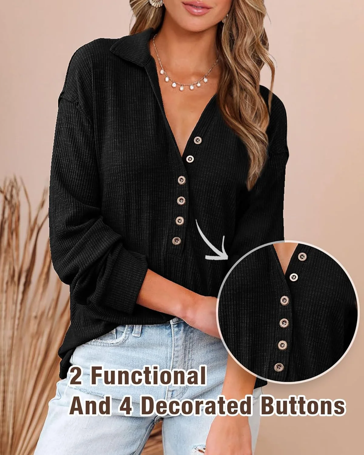 بی تی اف بی ام بلوز زنانه دکمه دار یقه هفت آستین بلند رنگ ثابت یقه ایستاده بافتنی تاپ های شیک و راحت