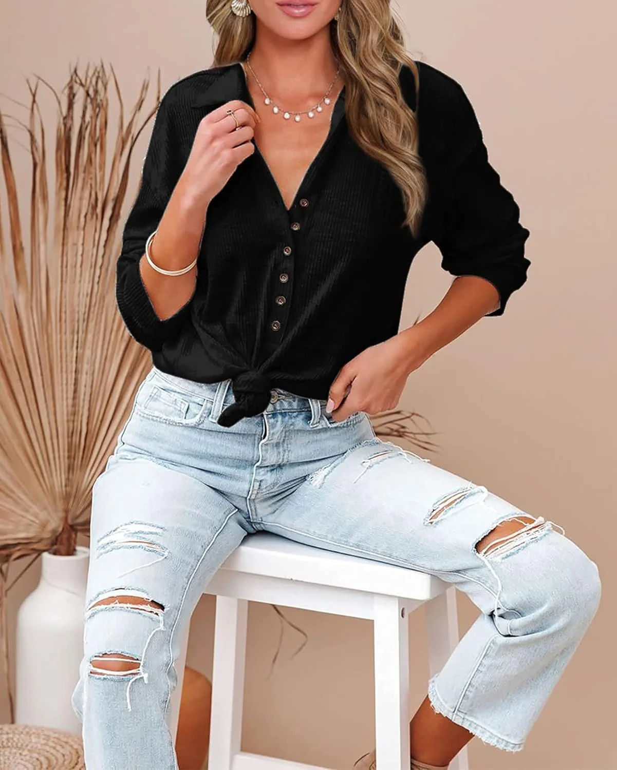 بی تی اف بی ام بلوزهای دکمه دار زنانه، یقه هفت، آستین بلند، رنگ ثابت، یقه ایستاده، بافتنی، تاپ های شیک و راحت