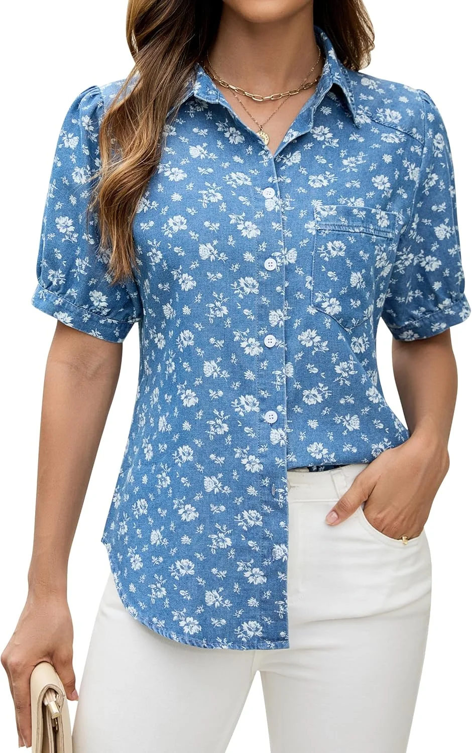 BMJL بلوز جین زنانه، دکمه دار، آستین پفی، مناسب کار و استفاده روزمره