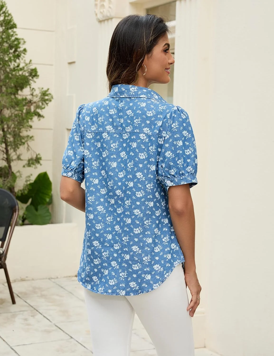 BMJL بلوز جین زنانه، دکمه دار، آستین پفی، مناسب کار و استفاده روزمره