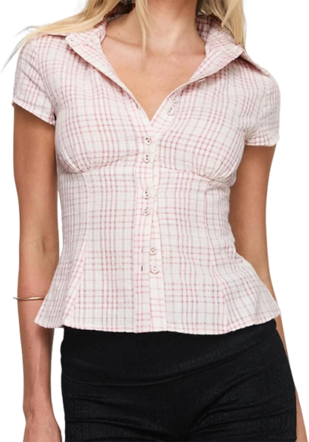 بلوز دکمه دار چهارخانه زنانه Y2K آستین کوتاه یقه هفت تاپ کوتاه طرح قدیمی