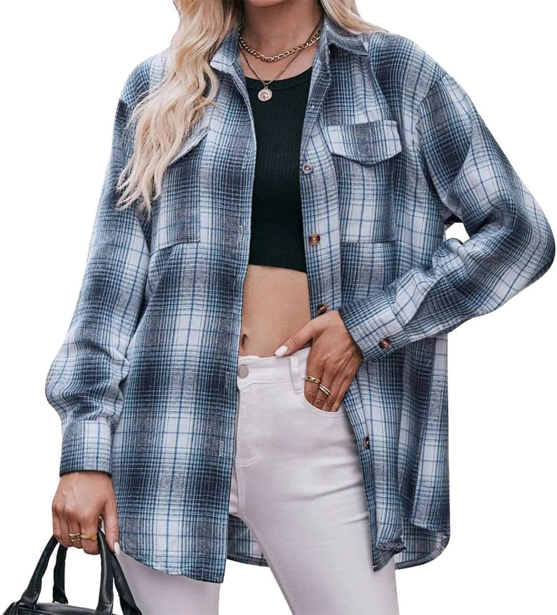 بلوز چهارخانه زنانه، آستین بلند، دکمه دار، بلوز کلاسیک، تاپ سایز S-XXL