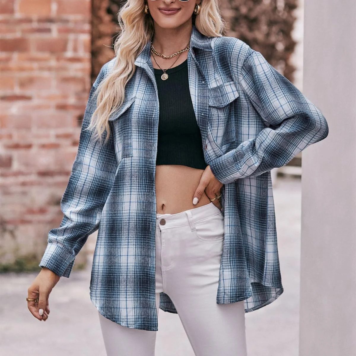 بلوز چهارخانه زنانه، آستین بلند، دکمه دار، بلوز کلاسیک، تاپ سایز S-XXL