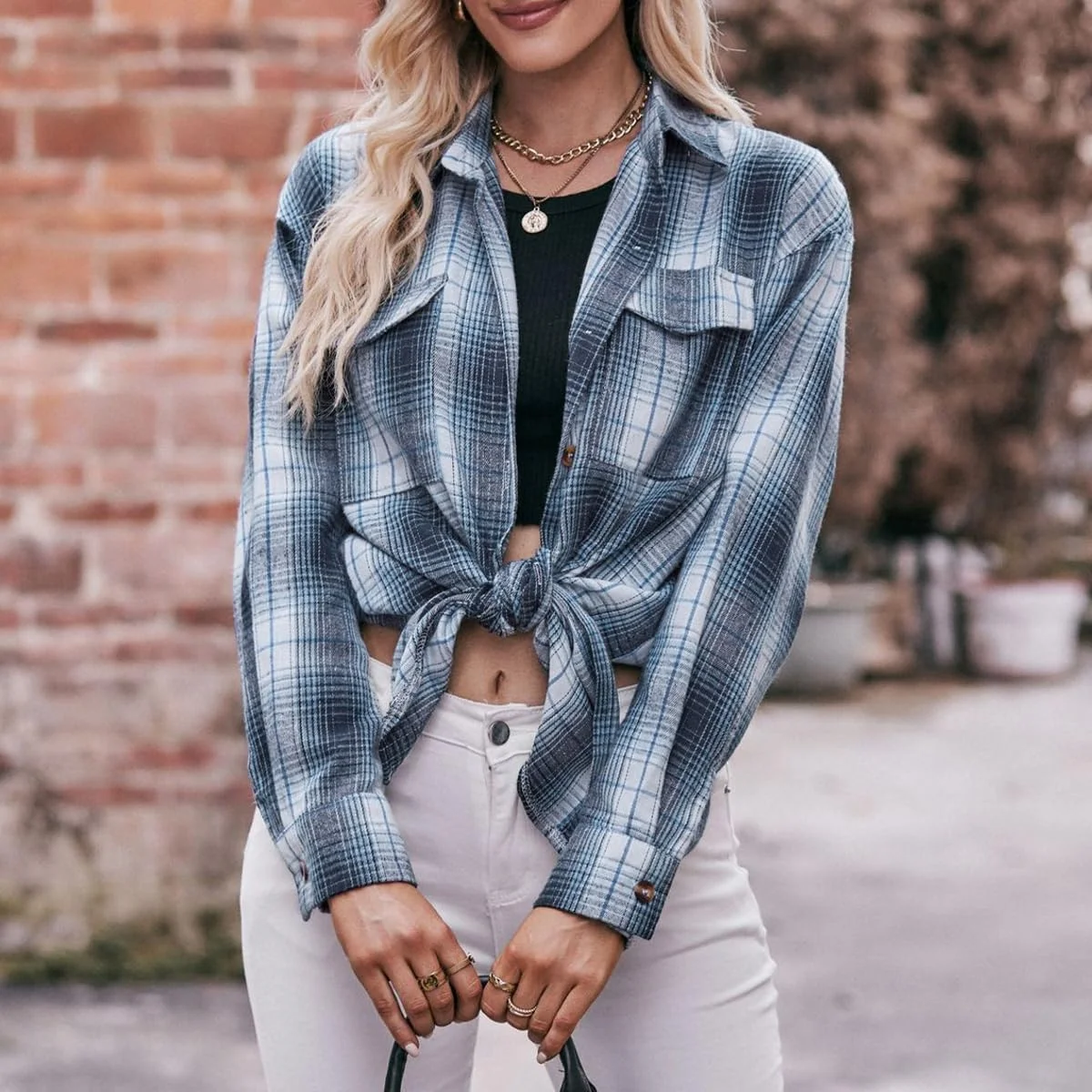 بلوز چهارخانه زنانه، آستین بلند، دکمه دار، بلوز کلاسیک، تاپ سایز S-XXL