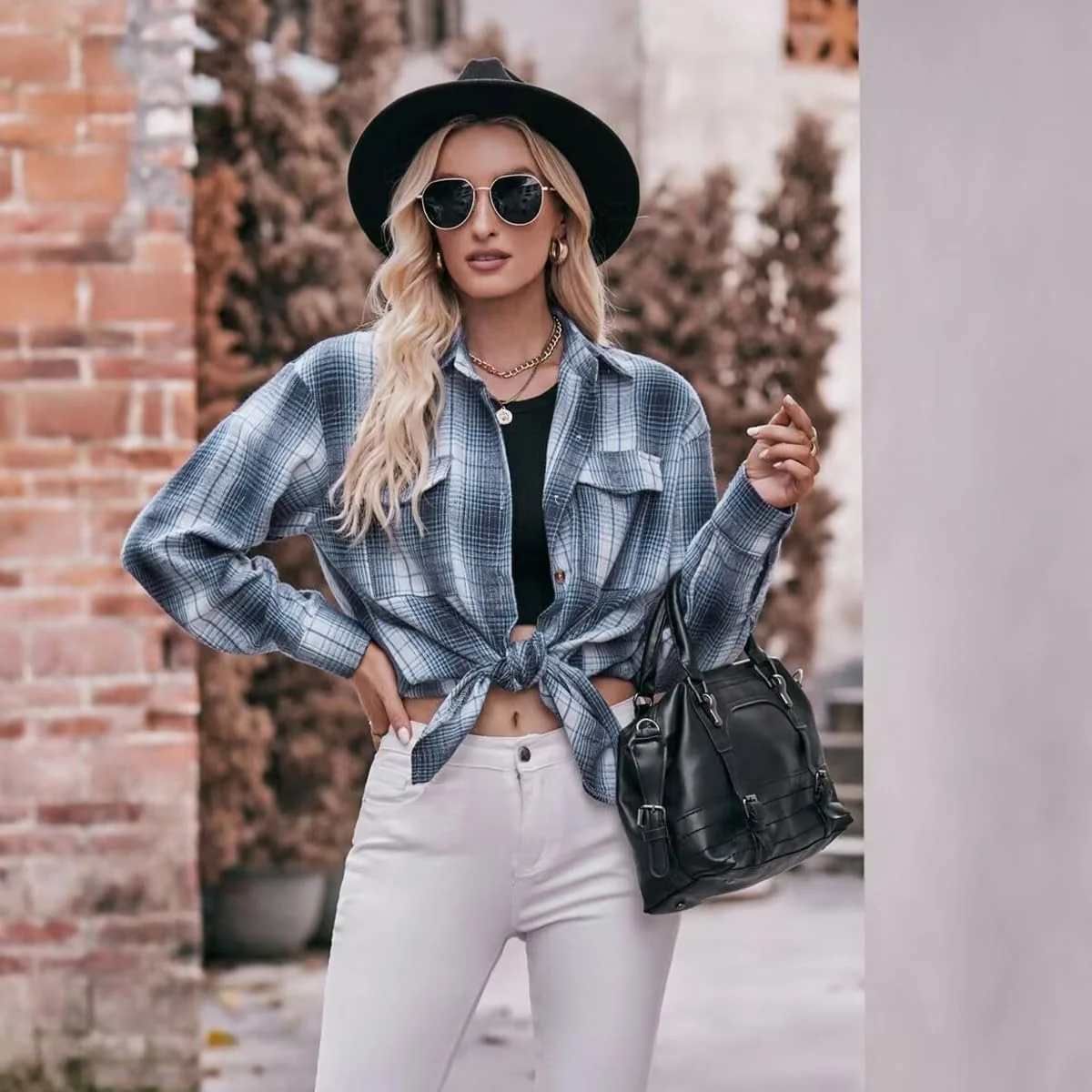 بلوز چهارخانه زنانه، آستین بلند، دکمه دار، بلوز کلاسیک، تاپ سایز S-XXL