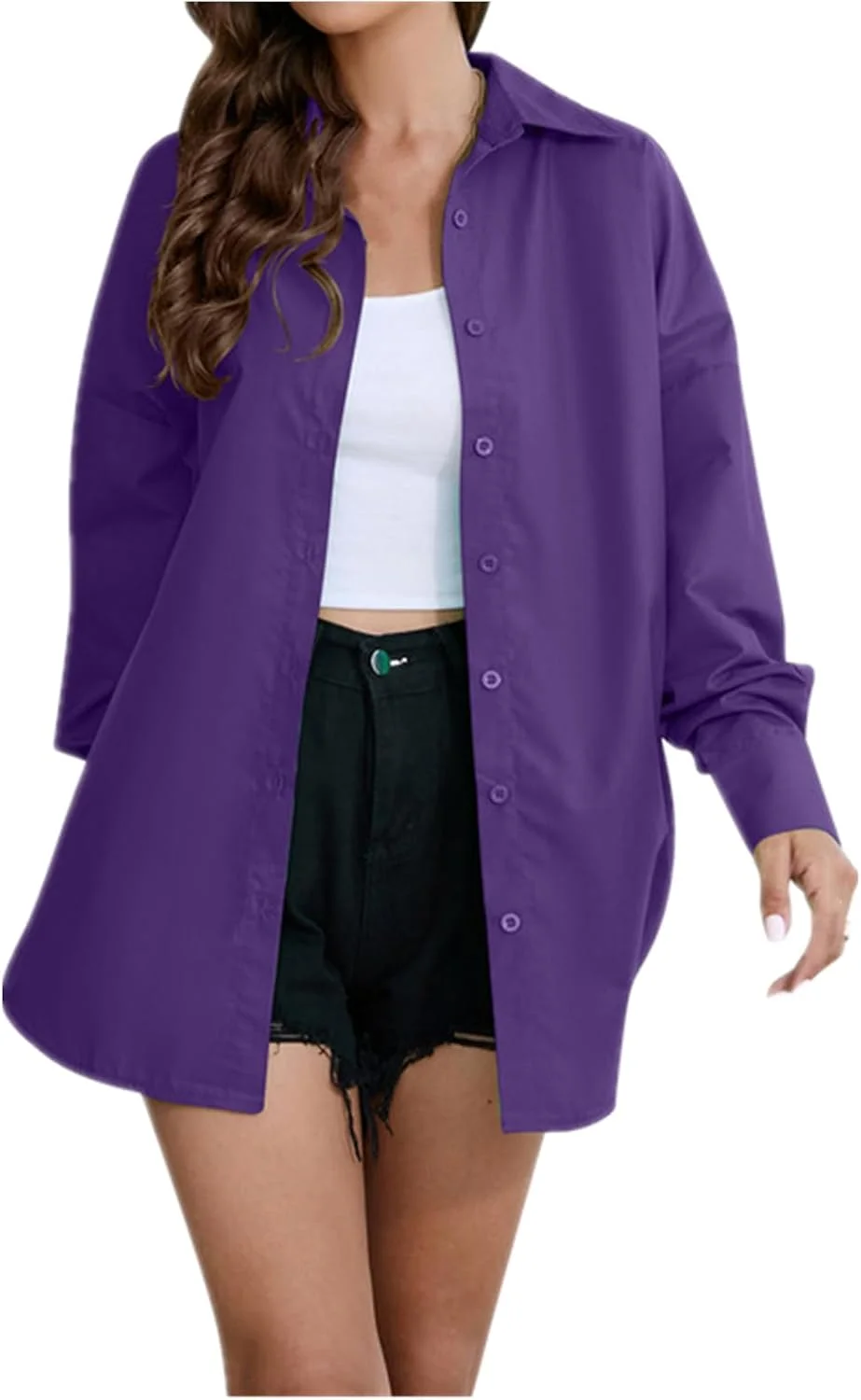 پیراهن دکمه دار زنانه بوهو، بلوز کتان غیر رسمی سایز بزرگ یقه هفت (بنفش، XXL)