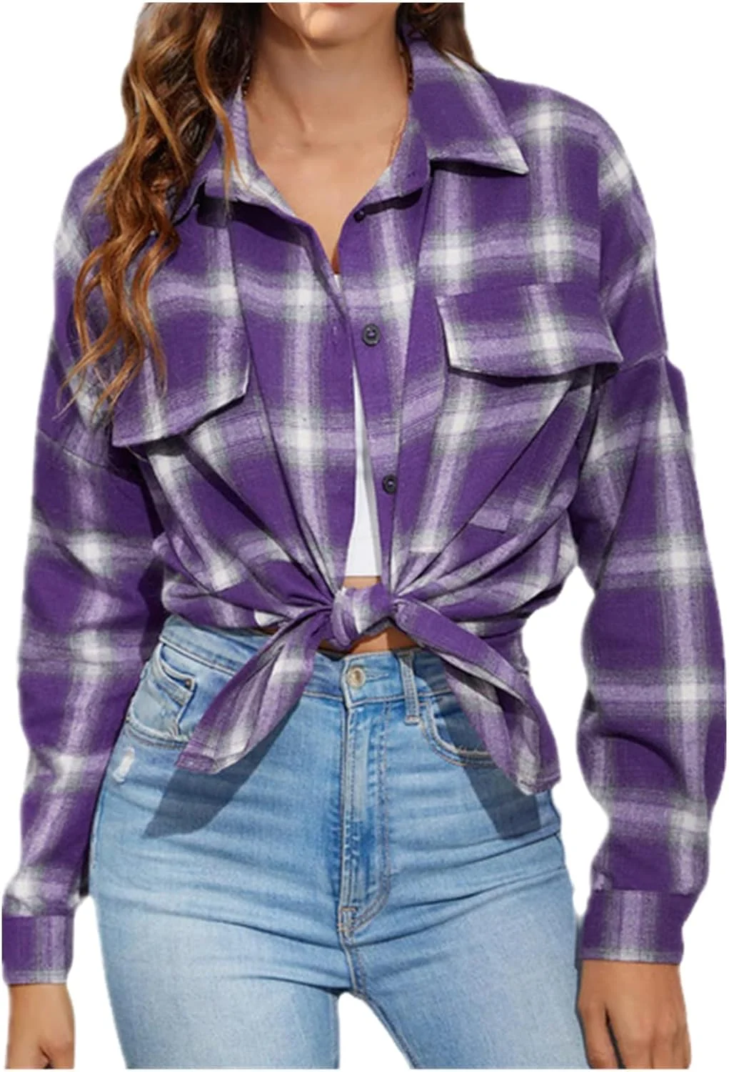 بلوز دکمه دار زنانه به سبک بوهو، نخی، سایز بزرگ، یقه هفت (بنفش، M)
