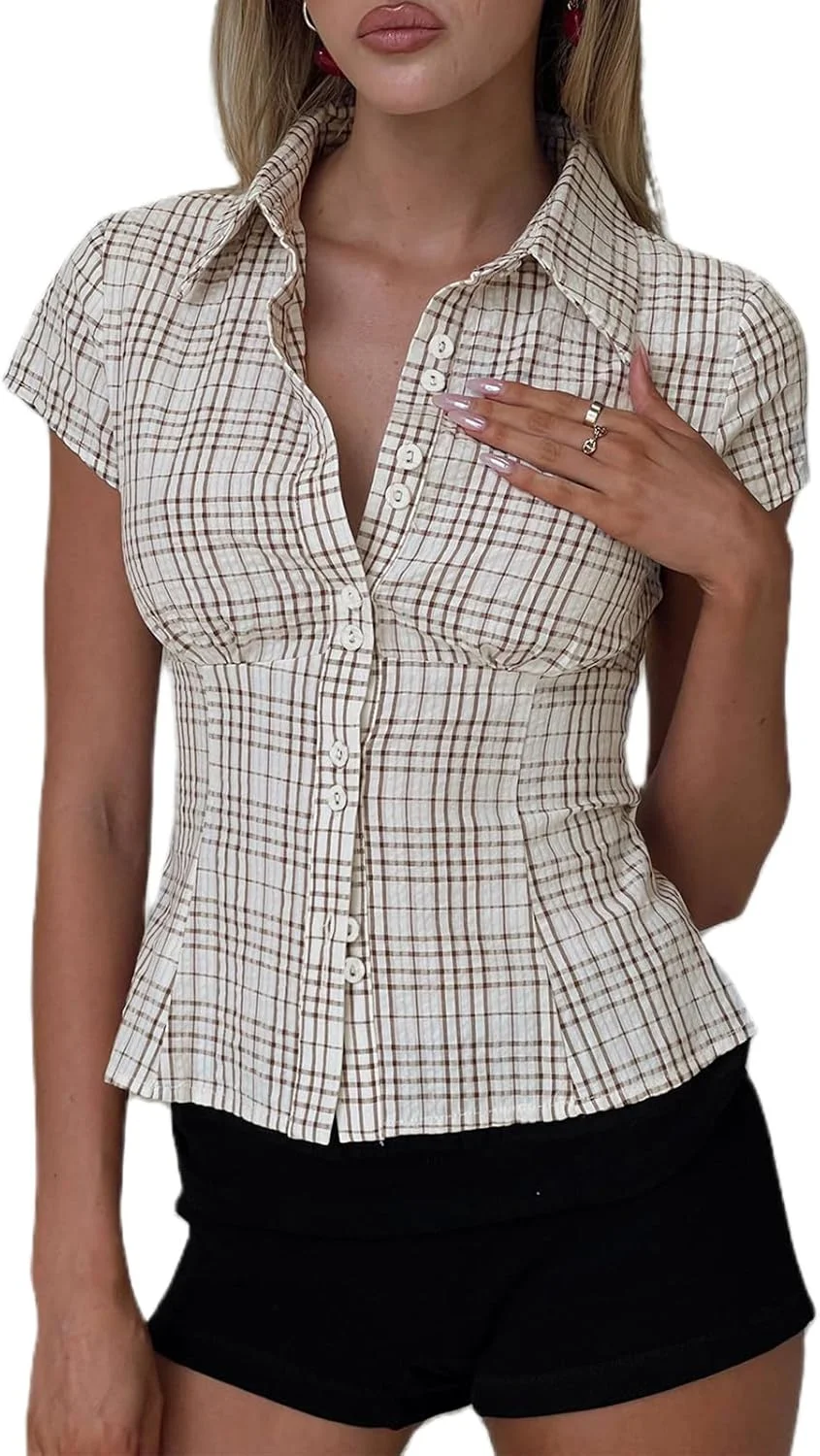بلوز آستین کوتاه دکمه دار زنانه Y2k، طرح چهارخانه، یقه برگردان، مناسب استایل خیابانی