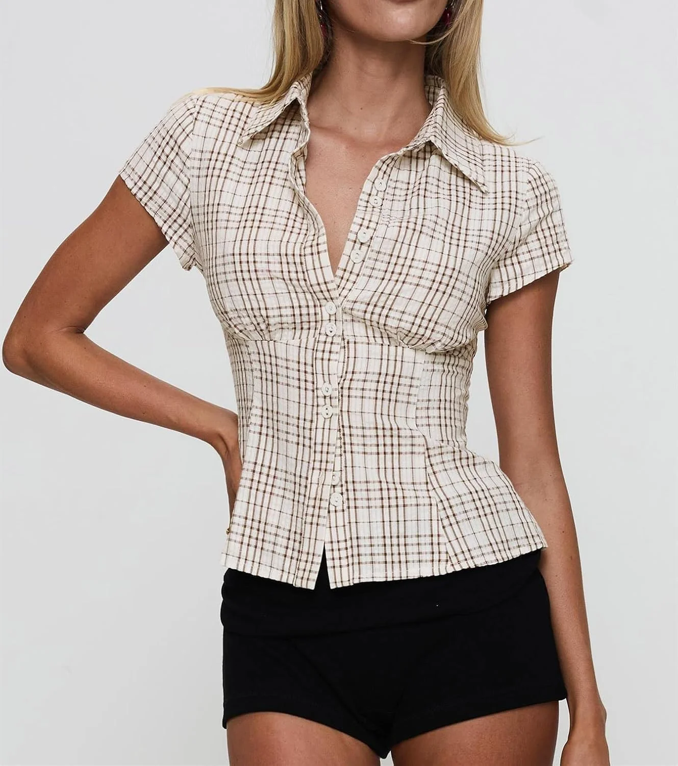 بلوز آستین کوتاه دکمه دار زنانه Y2k، طرح چهارخانه، یقه برگردان، مناسب استایل خیابانی بلوز آستین کوتاه دکمه دار زنانه Y2k، طرح چهارخانه، یقه برگردان، مناسب استایل خیابانی