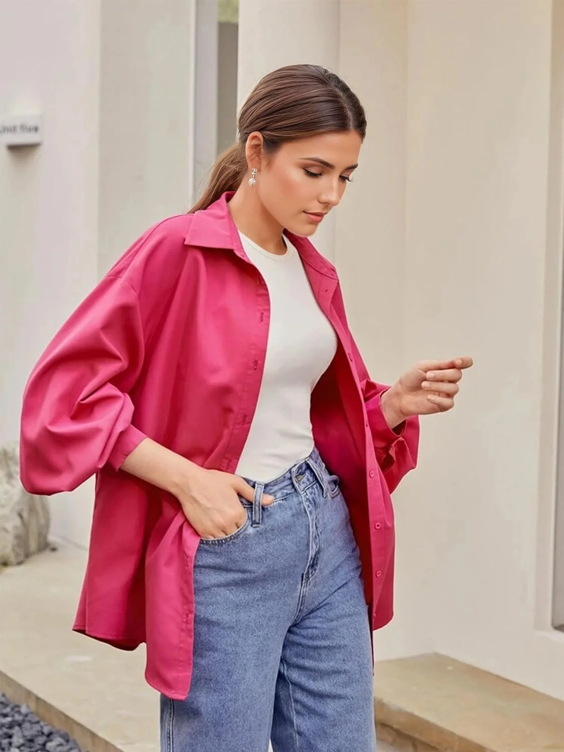 بلوز آستین بلند دکمه دار زنانه، شیک، گشاد، مناسب کار و محیط اداری