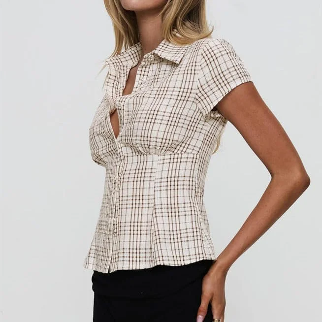 بلوز آستین کوتاه دکمه دار زنانه Y2k، طرح چهارخانه، یقه برگردان، مناسب استایل خیابانی بلوز آستین کوتاه دکمه دار زنانه Y2k، طرح چهارخانه، یقه برگردان، مناسب استایل خیابانی
