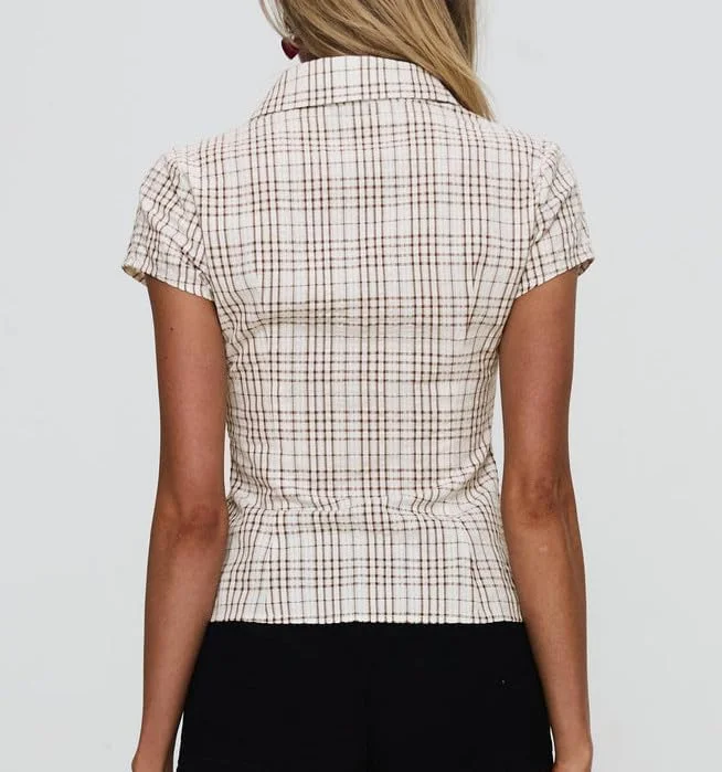 بلوز آستین کوتاه دکمه دار زنانه Y2k، طرح چهارخانه، یقه برگردان، مناسب استایل خیابانی