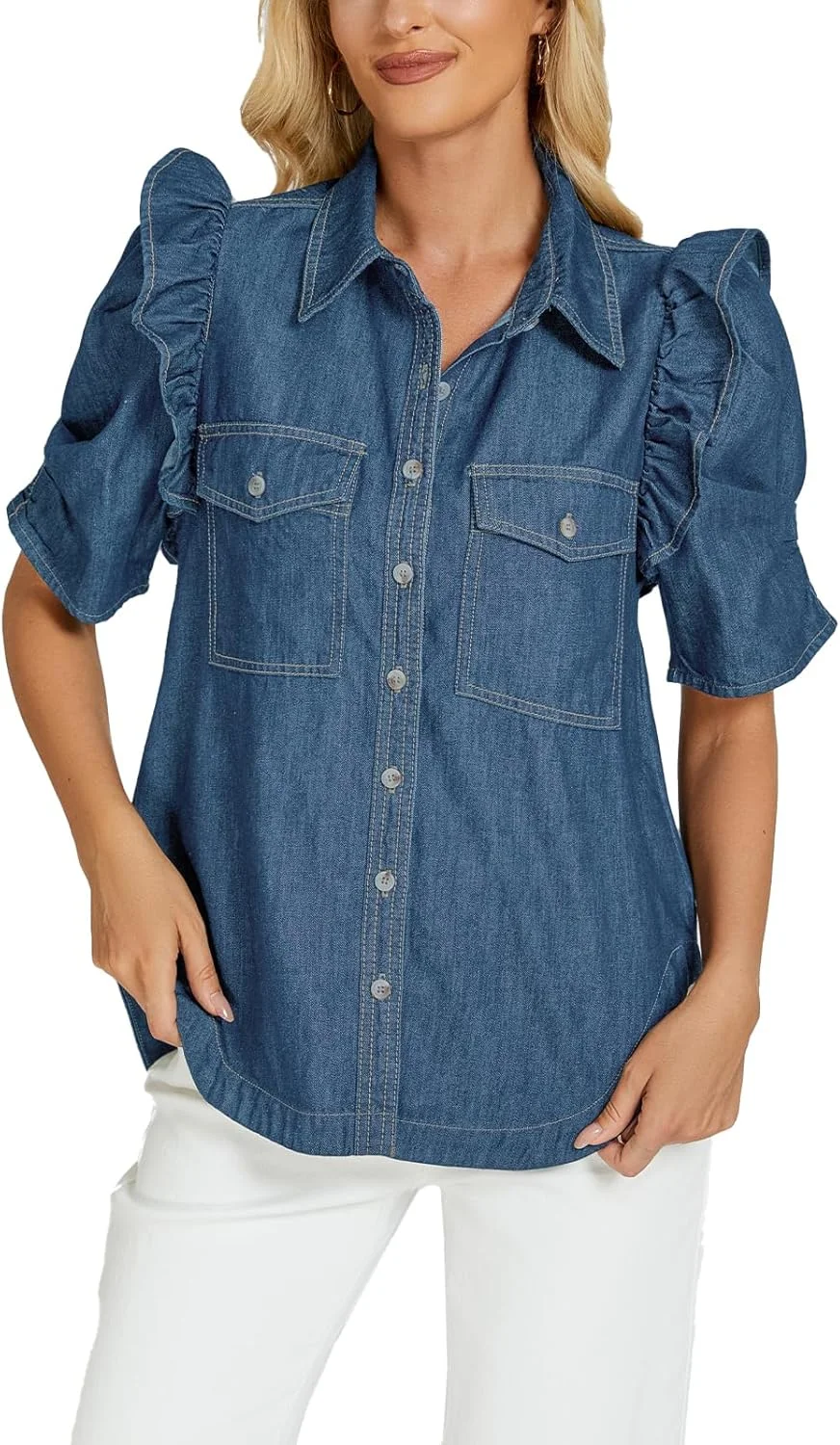 شومیز جین زنانه دکمه دار آستین پفی کوتاه با جزئیات چین دار و پارچه سبک به همراه جیب شومیز جین زنانه دکمه دار آستین پفی کوتاه با جزئیات چین دار و پارچه سبک به همراه جیب