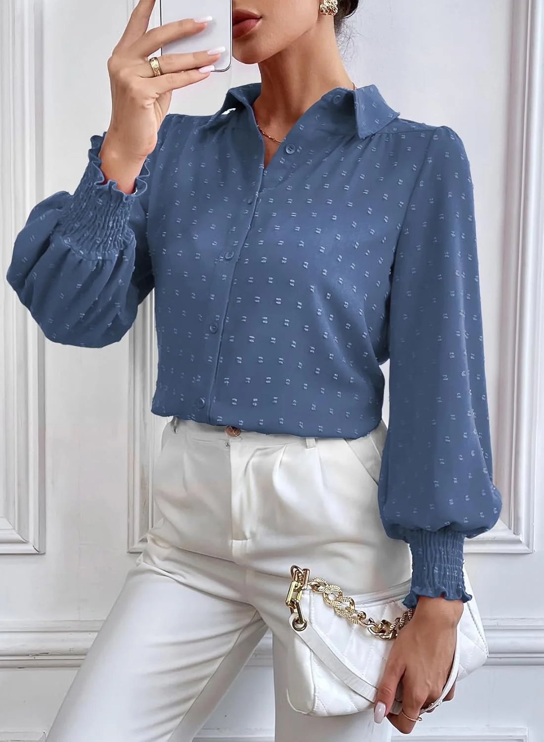 بلوز آستین بلند فانوسی زنانه طرح خالخالی، مناسب کار و استفاده روزمره بلوز آستین بلند فانوسی زنانه طرح خالخالی، مناسب کار و استفاده روزمره