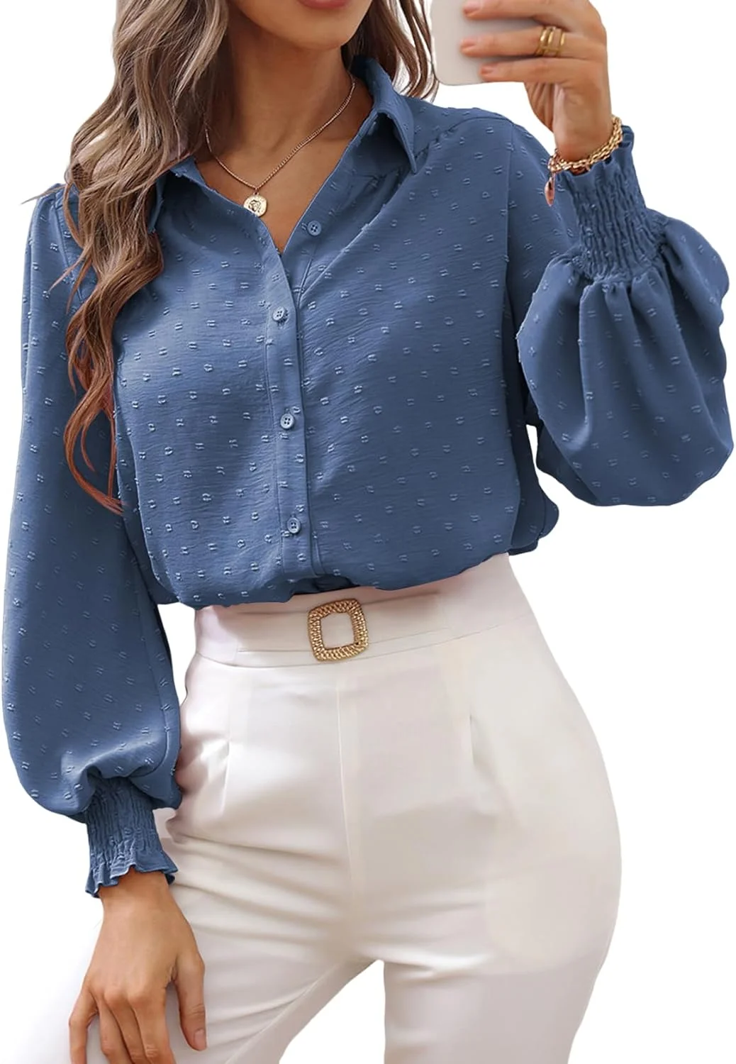 بلوز آستین بلند فانوسی زنانه طرح خال‌خالی، مناسب کار و استفاده روزمره