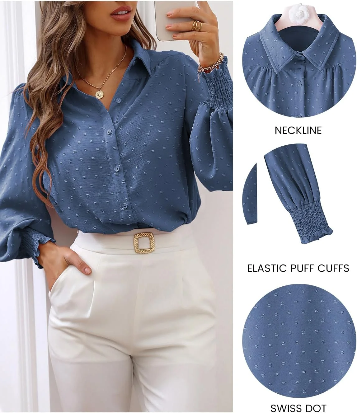 بلوز آستین بلند فانوسی زنانه طرح خال‌خالی، مناسب کار و استفاده روزمره