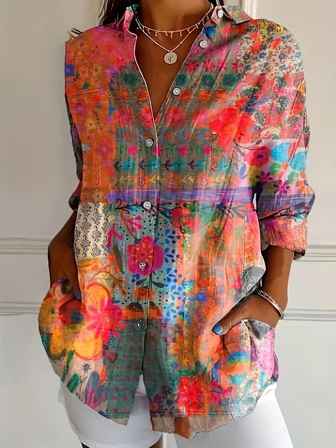 پیراهن دکمه دار زنانه با طرح گل، آستین بلند، بلوز غیر رسمی شیک، تاپ های مناسب کار، پیراهن های بوهو پیراهن دکمه دار زنانه با طرح گل، آستین بلند، بلوز غیر رسمی شیک، تاپ های مناسب کار، پیراهن های بوهو