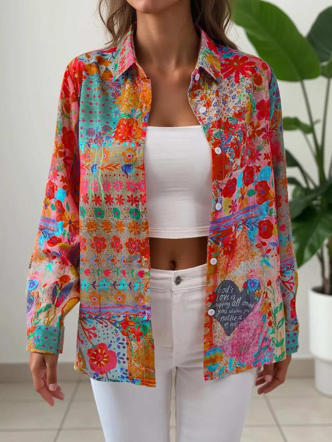 پیراهن دکمه دار زنانه با طرح گل، آستین بلند، بلوز غیر رسمی شیک، تاپ های مناسب کار، پیراهن های بوهو