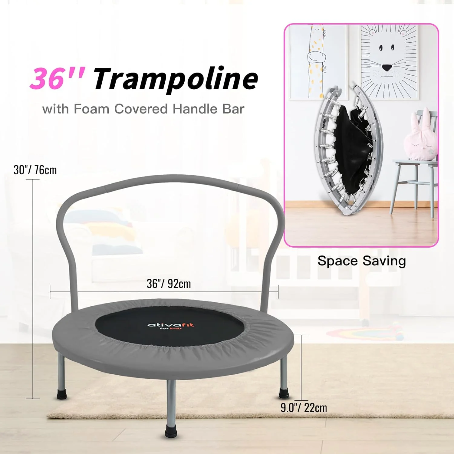 ترامپولین 90 سانتیمتری تاشو Ativafit برای کودکان، با دسته فومی راحت، مناسب بازی در فضای داخلی و خارجی خانه، برای تفریح پسران و دختران ترامپولین 90 سانتیمتری تاشو Ativafit برای کودکان، با دسته فومی راحت، مناسب بازی در فضای داخلی و خارجی خانه، برای تفریح پسران و دختران