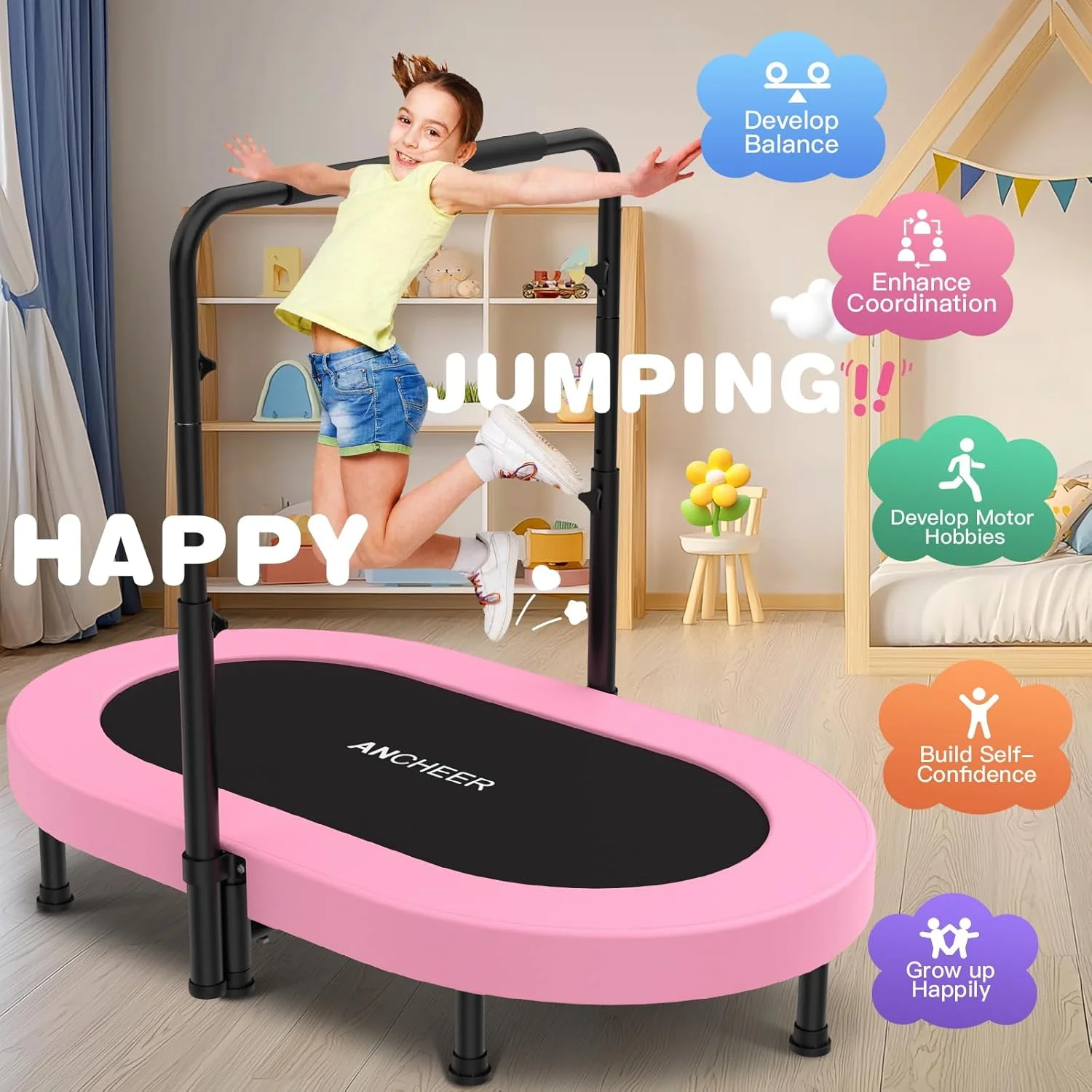 ترامپولین کودکانه ANCHEER، قطر 142 سانتی متر، ترامپولین تفریحی کودکان با دسته قابل تنظیم، ترامپولین سرپوشیده با حداکثر تحمل وزن 100 کیلوگرم ترامپولین کودکانه ANCHEER، قطر 142 سانتی متر، ترامپولین تفریحی کودکان با دسته قابل تنظیم، ترامپولین سرپوشیده با حداکثر تحمل وزن 100 کیلوگرم
