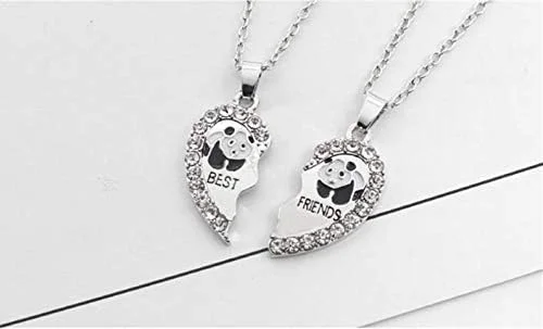 ست گردنبند دوستی 2 عددی - آویز قلب با نگین - طرح پاندا