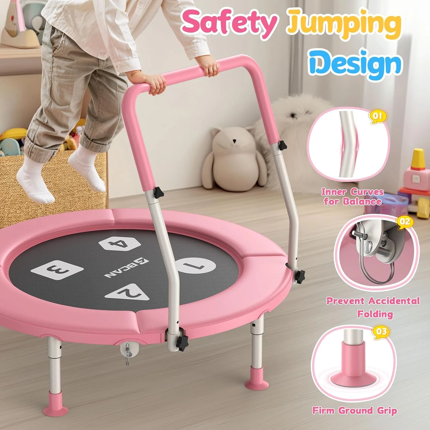 ترامپولین 91 سانتی متری تاشو BCAN برای کودکان 1 تا 6 سال، دسته قابل تنظیم، پد ایمنی و پایه های تاشو، ترامپولین کودک مناسب فضای داخلی/باغ، هدیه برای دختر و پسر ترامپولین 91 سانتی متری تاشو BCAN برای کودکان 1 تا 6 سال، دسته قابل تنظیم، پد ایمنی و پایه های تاشو، ترامپولین کودک مناسب فضای داخلی/باغ، هدیه برای دختر و پسر