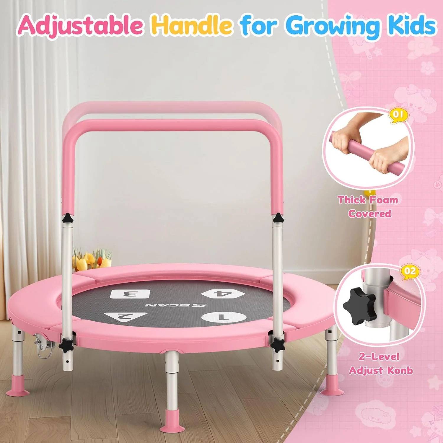 ترامپولین 91 سانتی متری تاشو BCAN برای کودکان 1 تا 6 سال، دسته قابل تنظیم، پد ایمنی و پایه های تاشو، ترامپولین کودک مناسب فضای داخلی/باغ، هدیه برای دختر و پسر ترامپولین 91 سانتی متری تاشو BCAN برای کودکان 1 تا 6 سال، دسته قابل تنظیم، پد ایمنی و پایه های تاشو، ترامپولین کودک مناسب فضای داخلی/باغ، هدیه برای دختر و پسر