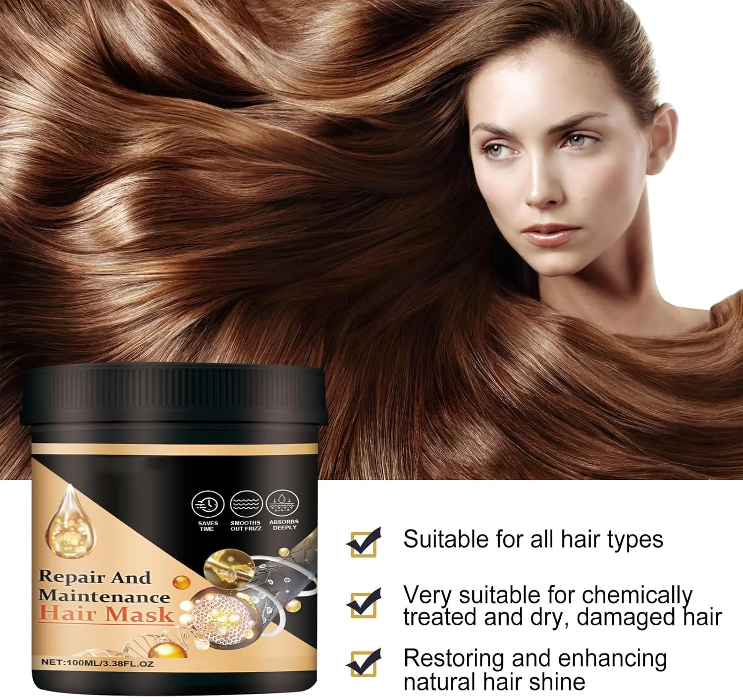 ماسک مو پروتئینه ترمیم کننده موهای خشک و آسیب دیده ۱۰۰ میلی لیتری - آبرسان و نرم کننده برای انواع موهای فر، رنگ شده و وز که به طور طبیعی تارهای مو را آبرسانی می کند.