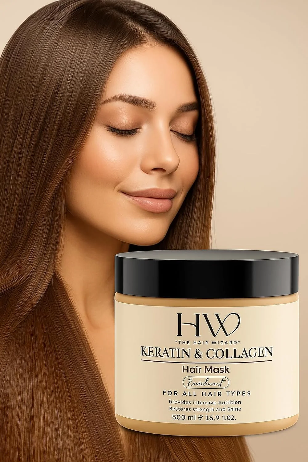 ماسک مو کراتین و کلاژن هیر ویزارد – ترمیم عمقی و درخشش | فرمول غنی شده برای موهای خشک، آسیب دیده و وز – 500 میلی لیتر