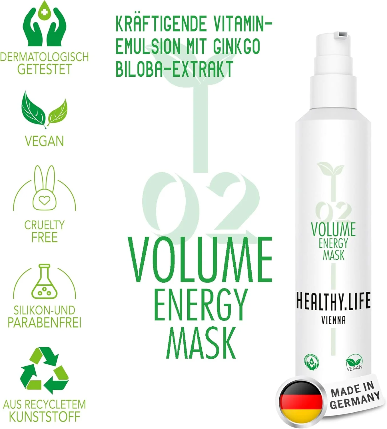 ماسک مو HLV برای حجم، درخشندگی و پرپشتی - وگان، حاوی پانتنول، ویتامین ها و جینکگو - درمان مو برای موهای نازک و ضعیف - ماسک مراقبت از مو، مراقبت از مو برای مردان و زنان (ماسک انرژی حجم دهنده 200 میلی لیتر)