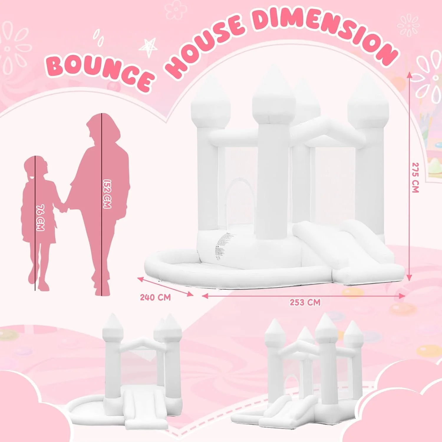 قلعه بادی سفید FBSPORT با سرسره، استخر توپ و ترامپولین، خانه بادی بادی شونده با دمنده هوا برای کودکان نوپا، مناسب فضای داخلی، فضای باز، باغ، پارک، حیاط خلوت، مهمانی، عروسی، هدیه تولد