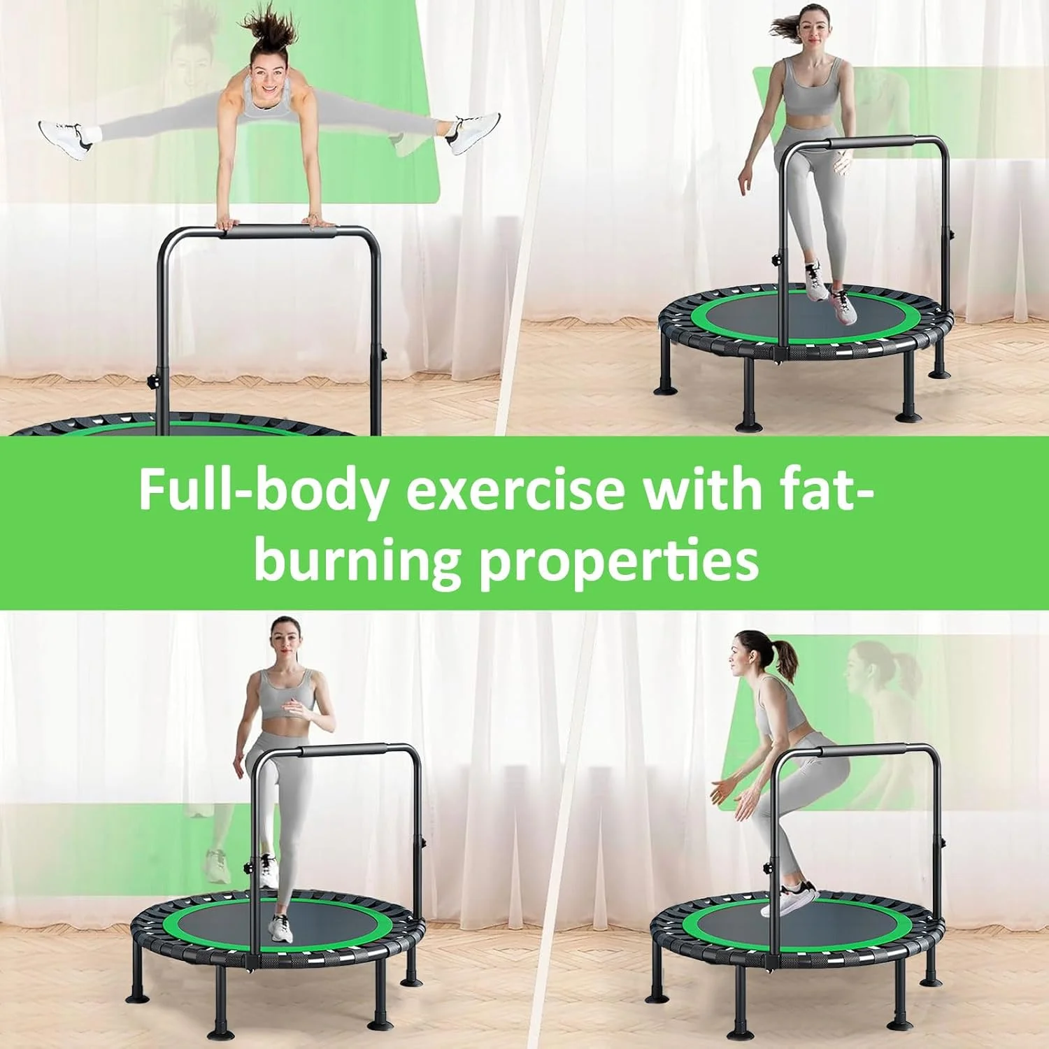 ترامپولین تاشو 48 اینچی برای بزرگسالان و کودکان، ریباندر ورزشی تاشو 450 پوندی با دسته قابل تنظیم، پایدار و بی صدا، برای تمرینات داخل/خارج از منزل بزرگسالان