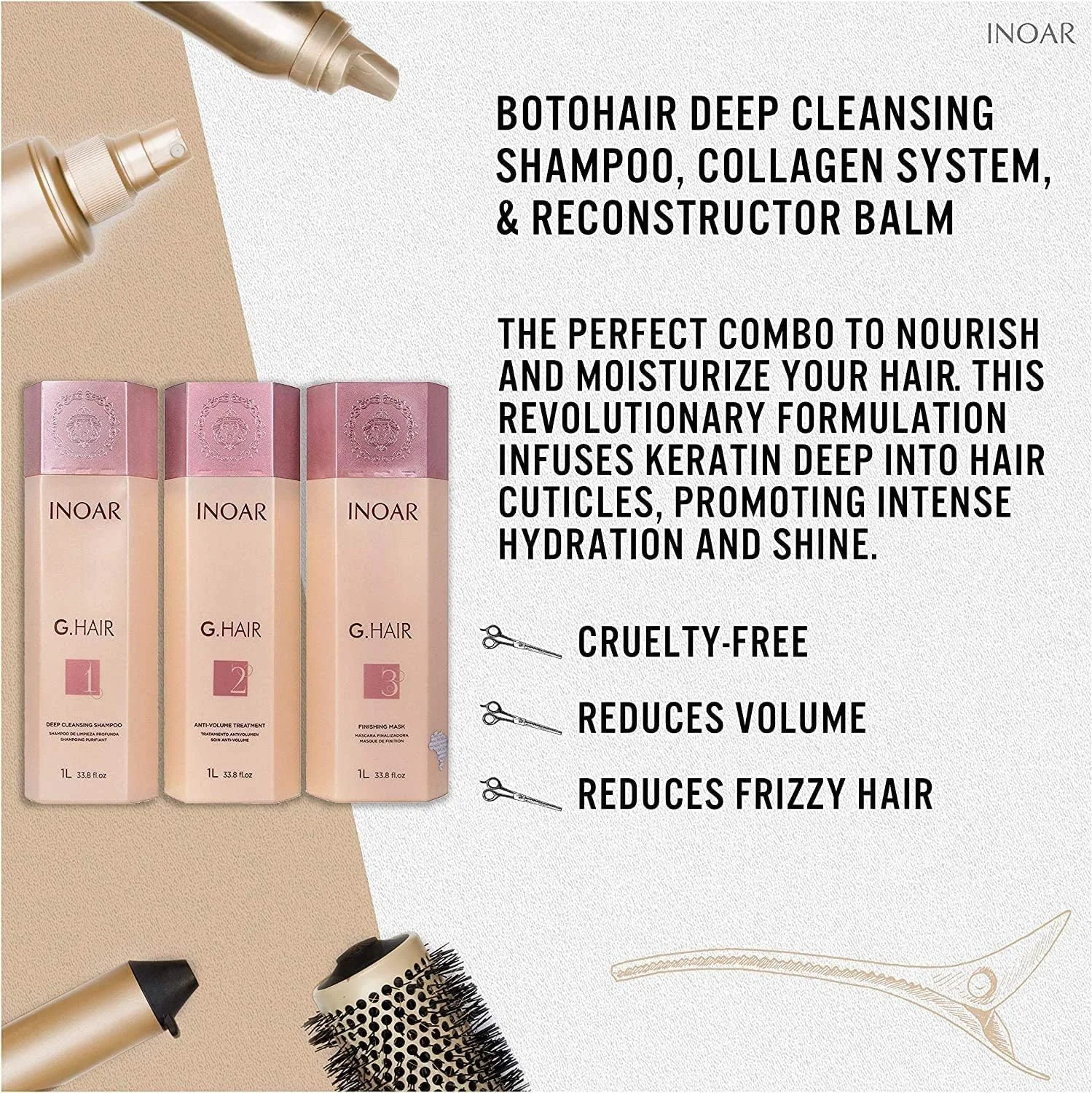 مجموعه صاف کننده مو کراتین G.Hair اینوآر، شامپو پاک کننده عمیق، درمان ضد حجم، ماسک نهایی، مراقبت از موی وگان برای آقایان و بانوان (هر کدام 1000 میلی لیتر)