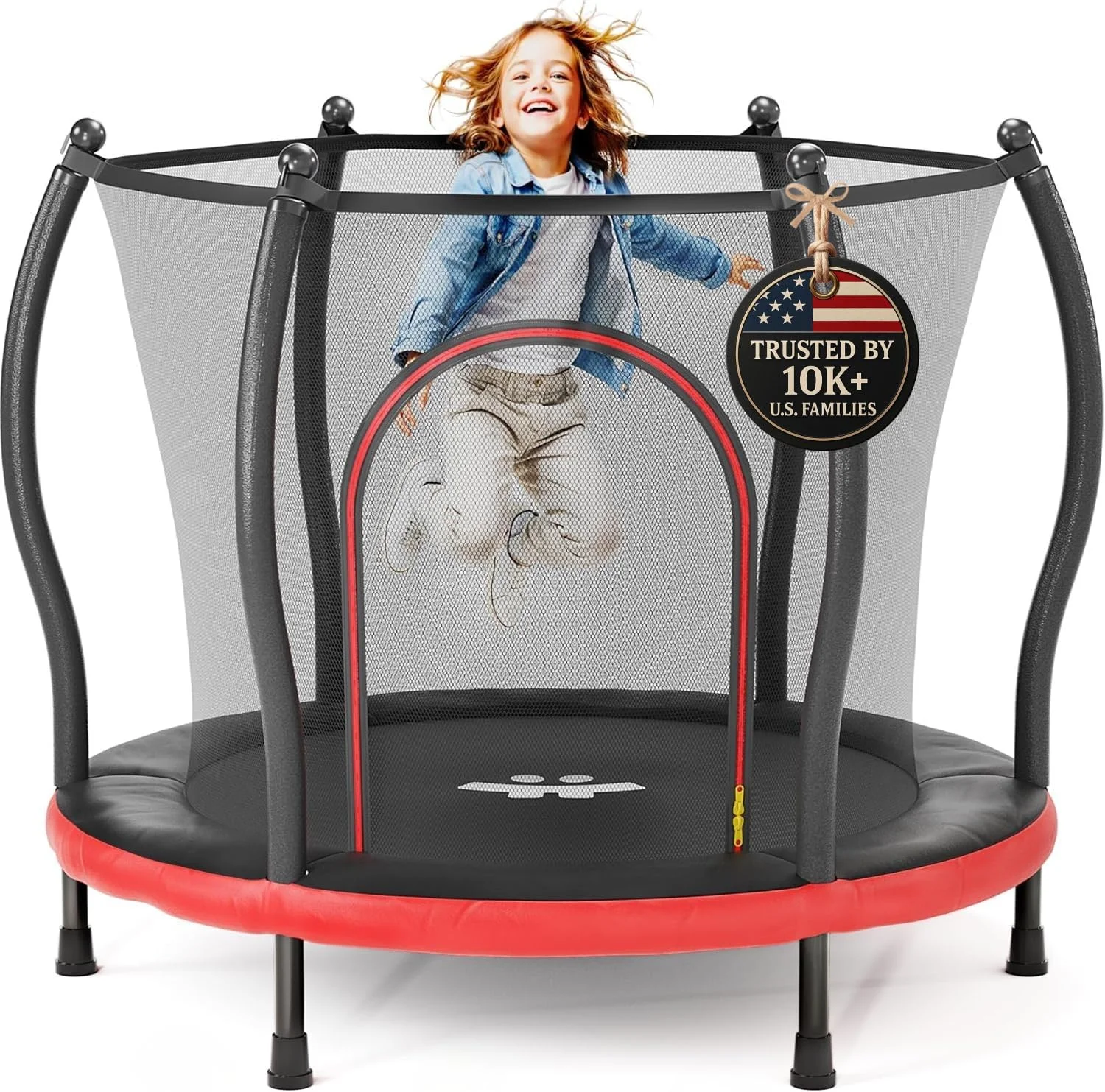 ترامپولین 140 سانتی‌متری کودکان هاپین مناسب برای کودکان 1 تا 6 سال، ترامپولین کودک 1.5 متری، ترامپولین مینی فوق‌العاده ایمن برای کودکان با توری محافظ، هدیه تولد به همراه حلقه بسکتبال