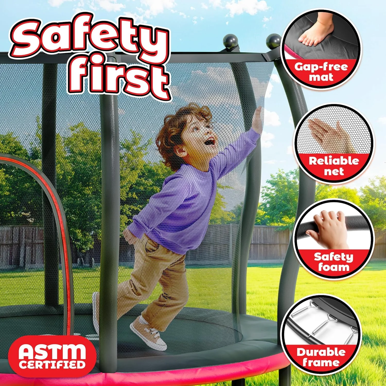 ترامپولین 140 سانتی‌متری کودکان هاپین مناسب برای کودکان 1 تا 6 سال، ترامپولین کودک 1.5 متری، ترامپولین مینی فوق‌العاده ایمن برای کودکان با توری محافظ، هدیه تولد به همراه حلقه بسکتبال