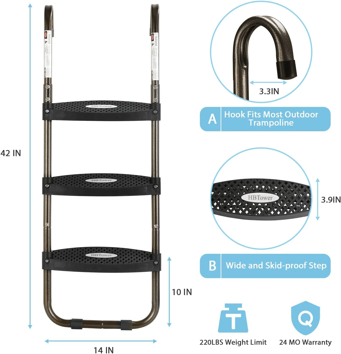 نردبان ترامپولین HBTower، نردبان 3 پله ترامپولین با پله های افقی پهن، پله های ضد لغزش با قلاب جهانی، فولاد مقاوم در برابر اشعه ماوراء بنفش، لوازم جانبی پله ترامپولین با ظرفیت 100 کیلوگرم برای کودکان