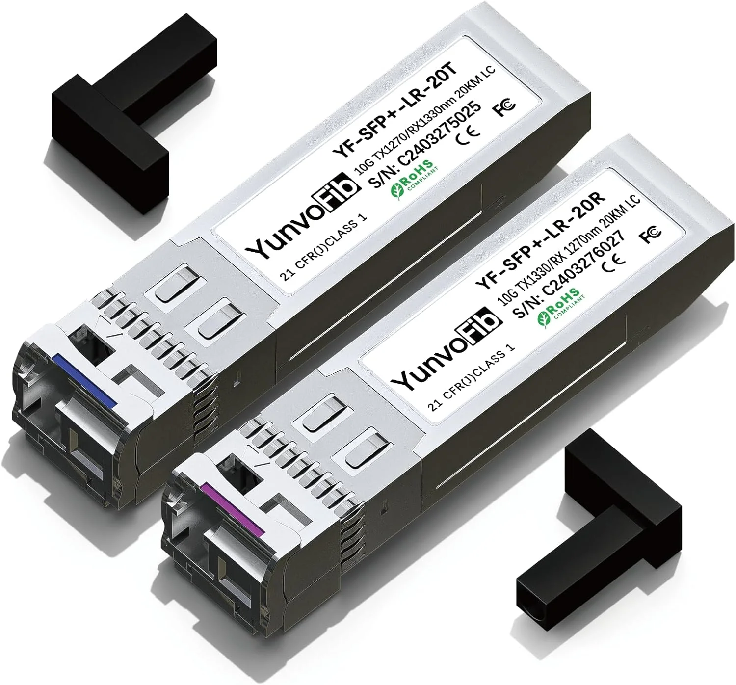 فرستنده و گیرنده نوری دو طرفه 10 گیگابیت بر ثانیه LC 20 کیلومتر SFP+ با طول موج های 1330nm-Tx/1270nm-Rx و 1270nm-Tx/1330nm-Rx مدل YF-SFP+-LR-20T/R