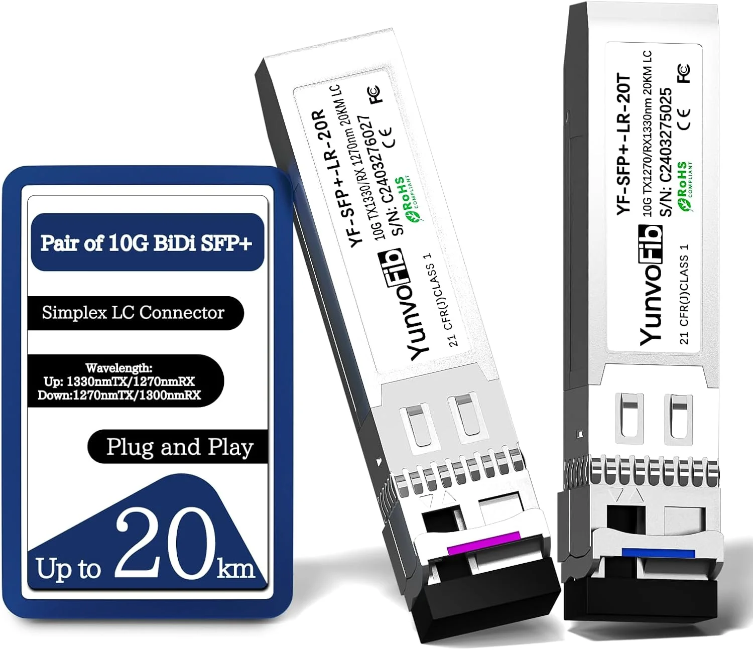 فرستنده و گیرنده نوری دو طرفه 10 گیگابیت بر ثانیه LC 20 کیلومتر SFP+ با طول موج های 1330nm-Tx/1270nm-Rx و 1270nm-Tx/1330nm-Rx مدل YF-SFP+-LR-20T/R فرستنده و گیرنده نوری دو طرفه 10 گیگابیت بر ثانیه LC 20 کیلومتر SFP+ با طول موج های 1330nm-Tx/1270nm-Rx و 1270nm-Tx/1330nm-Rx مدل YF-SFP+-LR-20T/R