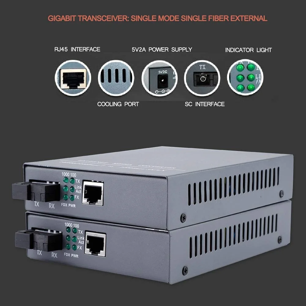مبدل رسانه فیبر نوری گیگابیتی 2 عددی، فرستنده و گیرنده نوری دو طرفه تک فیبر اترنت 10/100/1000M، RJ45 به SC، سازگار با استاندارد IEEE802.3z/AB 1000Base-T مبدل رسانه فیبر نوری گیگابیتی 2 عددی، فرستنده و گیرنده نوری دو طرفه تک فیبر اترنت 10/100/1000M، RJ45 به SC، سازگار با استاندارد IEEE802.3z/AB 1000Base-T