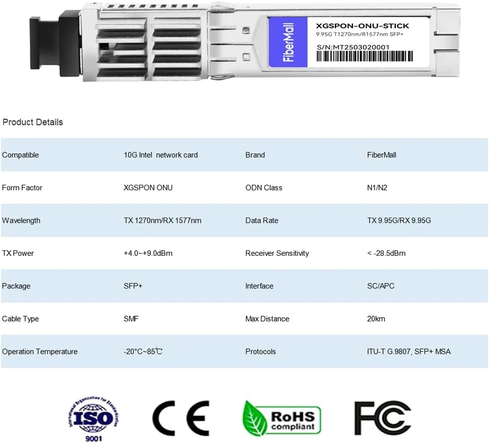 فرستنده و گیرنده نوری XGSPON ONU Stick، سازگار با Intel 10G NIC: x520-da2، 82599ES 10G SFP+ NIC، X710-BM2، با MAC SFP+ TX-9.95G/RX-9.95G TX-1270nm/RX-1577nm SMF، SC/APC 20km DDM فرستنده و گیرنده نوری XGSPON ONU Stick، سازگار با Intel 10G NIC: x520-da2، 82599ES 10G SFP+ NIC، X710-BM2، با MAC SFP+ TX-9.95G/RX-9.95G TX-1270nm/RX-1577nm SMF، SC/APC 20km DDM