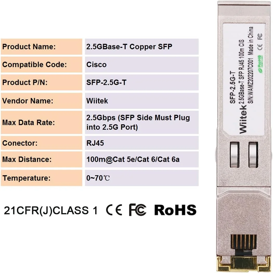 ماژول مسی 2.5GBase-T SFP RJ45، فرستنده و گیرنده 2.5 گیگابیتی SFP به RJ45 100 متری، سازگار با Cisco SFP-2.5G-T، Mikrotik، Ubiquiti UniFi، Netgear و غیره (نیاز به اتصال به پورت 2.5G SFP دارد) ماژول مسی 2.5GBase-T SFP RJ45، فرستنده و گیرنده 2.5 گیگابیتی SFP به RJ45 100 متری، سازگار با Cisco SFP-2.5G-T، Mikrotik، Ubiquiti UniFi، Netgear و غیره (نیاز به اتصال به پورت 2.5G SFP دارد)