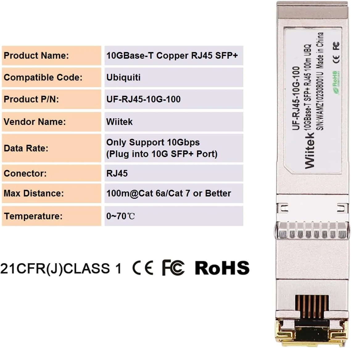 ماژول Wiitek 100 متری، SFP+ به RJ45 10 گیگابیت، فرستنده و گیرنده اترنت مسی 2.5G/5G/10GBase-T برای Ubiquiti UF-RJ45-10G، پورت SFP+ 10 گیگابیتی پلاگین، مصرف برق پایین